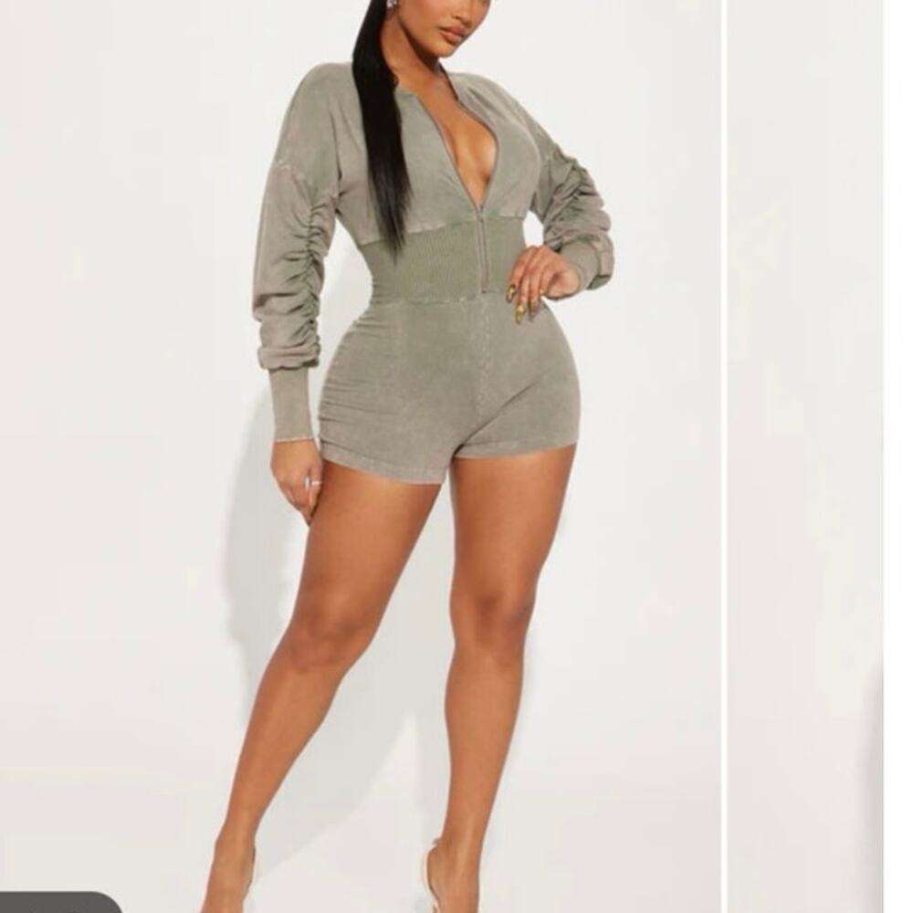 Fashion Nova Olive Ruched Long-Sleeve Plunge Romper